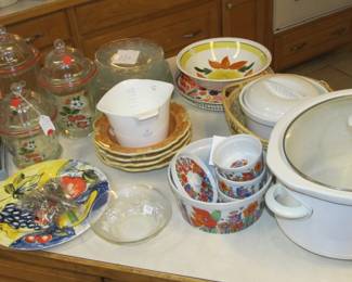 We have a great kitchen full of goodies! Small appliances include Mr Coffee, Oster, and a Crock Pot. Corningware, bakeware, serving platters, cookware, kitchen utensils, knives, dinnerware, glassware, and more.