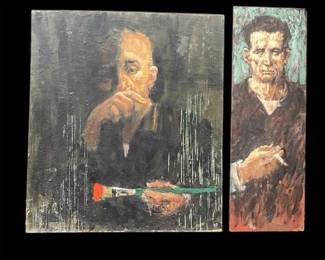 Edward Presson Unsigned Encaustic Paintings * Self Portrait and Study of Smoking Man