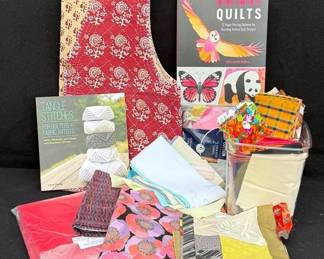 Quilting Books, Vest, Gorgeous Yards Of Fabric & Variety Of Pretty Cut Fabric Pieces