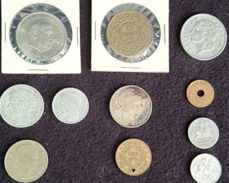 11 Vintage Foreign Coins * 1930-1950 Francs * Tunisie * Espana * Cinco Pesetas * Kurus