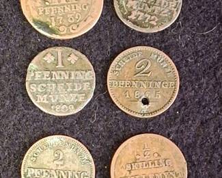 6 Very Old * European Coins * 1739- 1866 * 5 Pfennigs & 1 Skilling