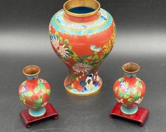 Cloisonné 8” Vase & 2~ Small 4.5” Vases With Stands