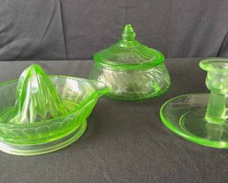 Vintage Citrus Juicer, Candy Dish & Candle Holder * Green Uranium Vaseline Glass