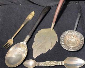 5 Vintage Serving Pieces * Sterling Tea Strainer * Thai Brass Pickle Fork