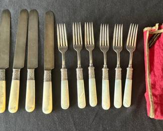 6 Vintage Sterling Silver Collared Mother Of Pearl Handled Landers Frary & Clark Knives * With Bag