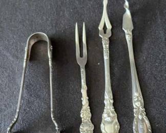 Vintage Sterling Silver Sugar Cube Tongs, Silver Plate Rogers & Bro Cocktail Fork & SS Butter Picks