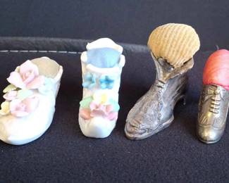 Vintage Pin Cushion Shoes * 2 Porcelain With Flowers * 2 Metal Fashionable Shoes *
