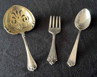 Vintage Sterling Silver 3.5” Child’s Fork & 4” Spoon * 4.5” Ornate Serving Spoon