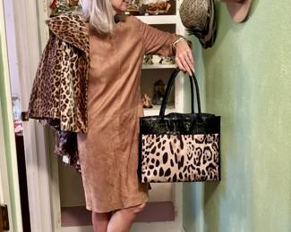 Ensemble of suede dress, coach boots, leopard jacket and animal print bag