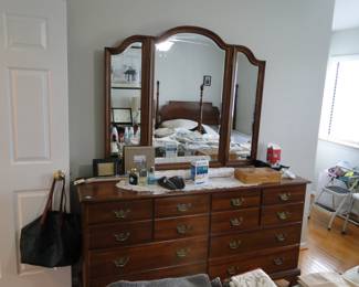 Matching dresser, with tri-fold mirror, matches the four poster bed