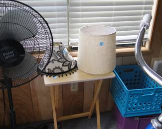 Pair of lampshades, folding table and storage crates too