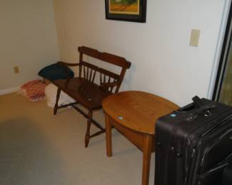 Oval table with storage drawer, and bench