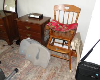 Couple of seat cushions, child's highchair, nightstand