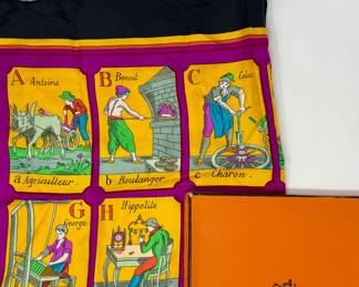 Vintage Hermes "Alphabet des Metiers" Le Carre 90 silk scarf. 35" x 35". Authentic.