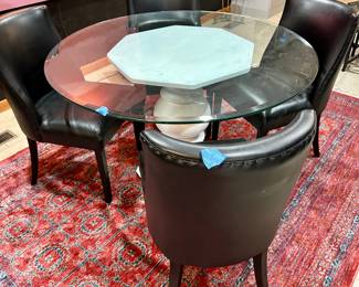 White Pedestal Table with glass top and 4 leather chairs