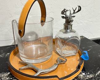 Stag Liquor Decanter, Heavy Glass Ice Bucket with Leather Strap, Leather Serving Tray, Antler Bottle Opener