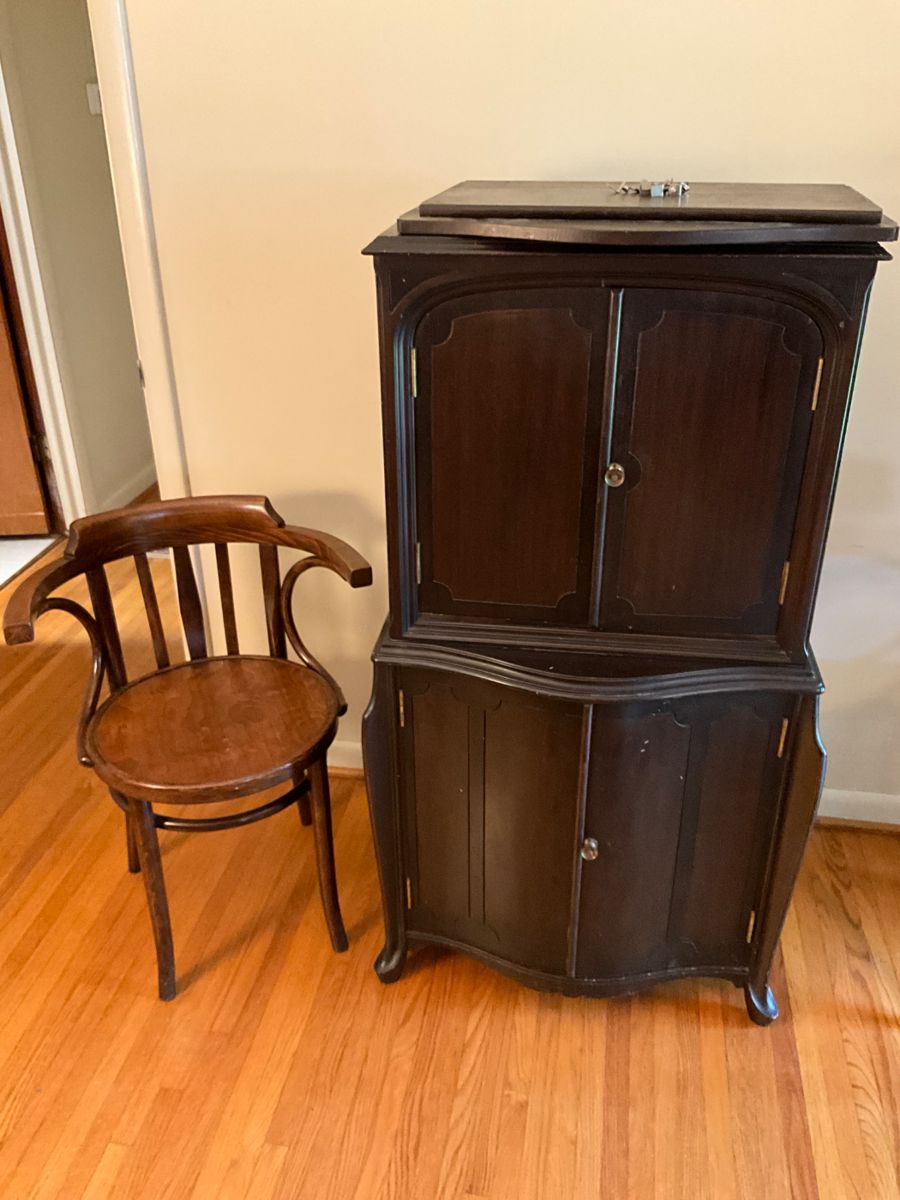 Lovely Antique cabinet with doors closed + 1 of 2 chairs
