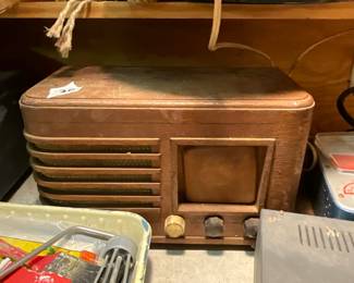 Outside storage building in back yard - Vintage radio