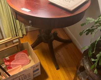 Living room -antique round table, frames & miscellaneous