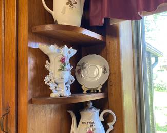 Kitchen - various matching China items with roses includes coffee/tea pots, vase, plate with stand,