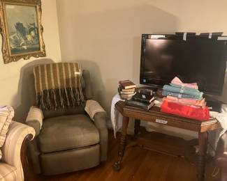 Lazy bot fabric rocker-recliner - arm covers actually ho with sofa!  TV, free bibles & table scarf. TABLE is NOT for sale!