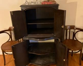 Antique cabinet with doors open - both chairs shown in this picture