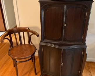 Lovely Antique cabinet with doors closed + 1 of 2 chairs