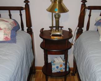 Vintage side table, with brass lamp and glass chimney