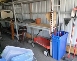 Shovels and tools, and bins, and wagons, and trinkets, and a tube of bologna
