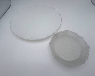 Milk Glass Cake Plate with gold rim and frosted glass ash tray.