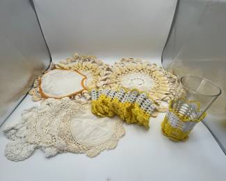 large collection of hand crochet and tatting, including six glass coaster cozies