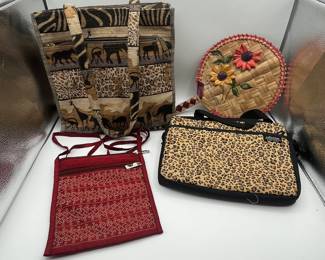 Lot of handbags, bible carrier, fan
