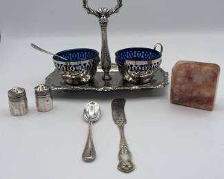 Beautiful lot of vintage serving pieces! Sterling Minature Salt and Pepper Shakers .26 ozt. Marble Salt/Pepper shaker, silver plates knife and spoon. Gorgeous vintage English condiment set with blue glass insets.