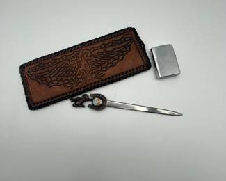 Hand tooled leather wallet, letter opener and vintage zippo