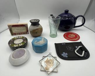 Lot if fun decor, hand painted votive, tea pot, and more