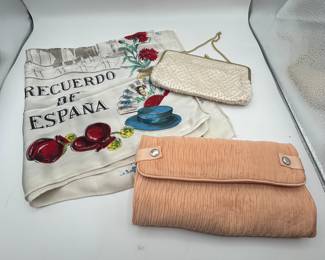 Vintage hand bag, silk scarf from Spain and jewelry carrier
