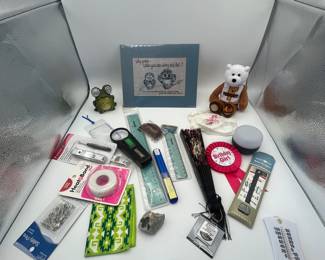 Fun lot of office and sewing supplies, magnifying glass, hem tape, Seam ripper and more!