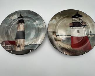 Set of two decorative plates featuring lighthouse design by the artist David Carter Brown, made by Oneida. These plates are food safe and can be used decoratively OR for serving;
See items descriptions and photos for condition details.