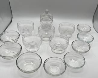 This is a huge kitchen prep lot of glass dishes and storage. The lot also includes a lovely crystal lidded candy bowl.
See items descriptions and photos for condition details.