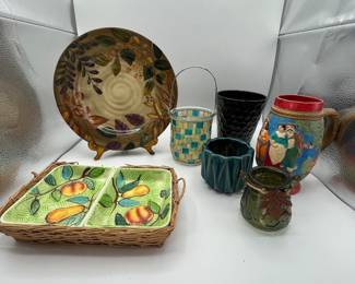 This is a fun lot of hand painted kitchen decor, including a glass mosaic candle holder, a hand painted stein and more!
See items descriptions and photos for condition details.