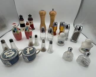 Huge Salt and Pepper Shaker Lot! Includes wood, glass, transferware, Fostoria, and more!