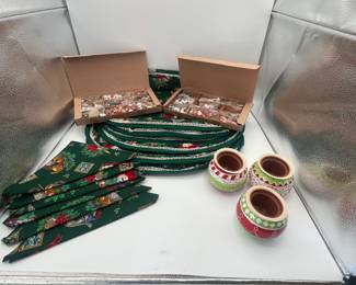 Christmas Lot - Six Placemats with napkins, three Christmas Votives and to boxes with tons on mini ornaments!