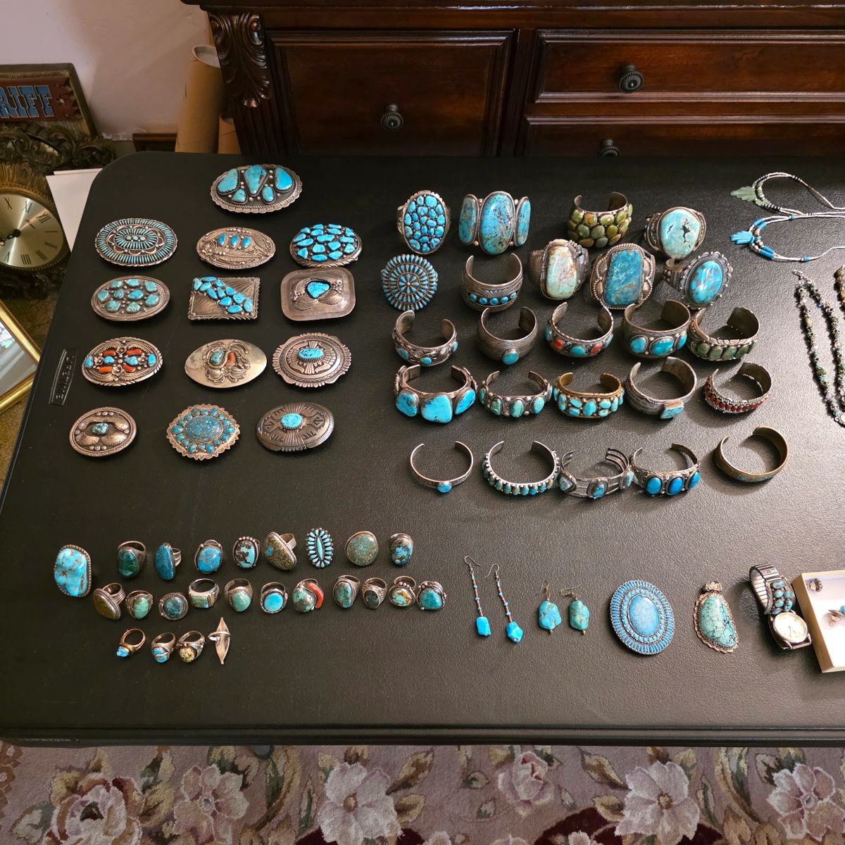Vintage Native American jewelry, sterling silver and turquoise belt buckles, cuff bracelets, rings