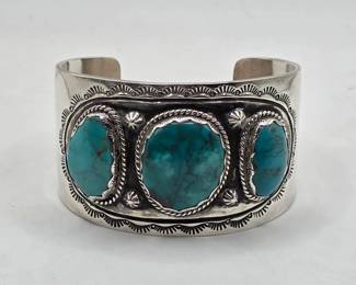 Vintage Native American sterling silver and turquoise Lorenzo James cuff bracelet
