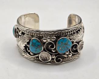 Vintage Native American sterling silver and turquoise Angela Lee cuff bracelet