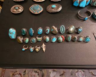 Vintage Native American jewelry, sterling silver and turquoise rings and belt buckles