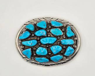 Ben Yazzie Vintage Native American sterling silver and turquoise belt buckle