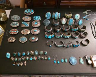 Vintage Native American jewelry, sterling silver and turquoise belt buckles, cuff bracelets, rings