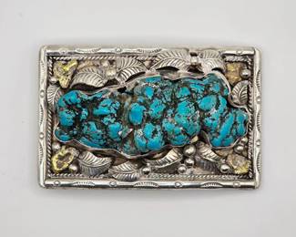 Vintage Native American sterling silver and turquoise belt buckle