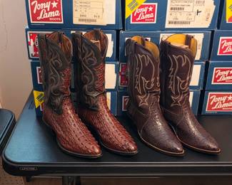 Cowboy boots, mostly pre-ban exotic skins from Lucchese, Justin, Nocona, Tony Lama, Dan Post, and custom made